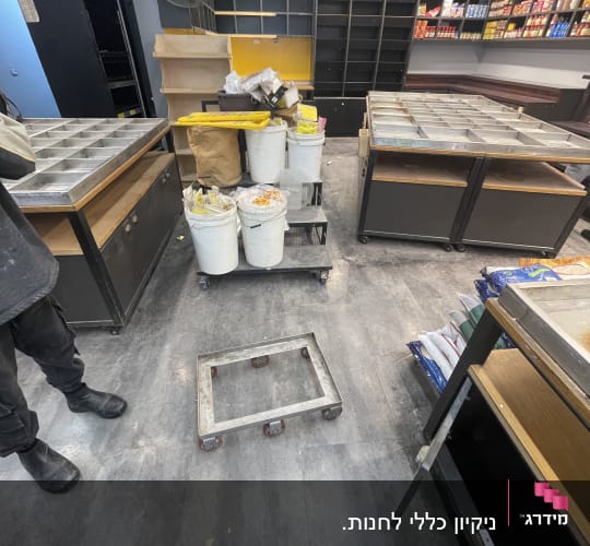 חנות עם מדפים ריקים ודליים לניקוי